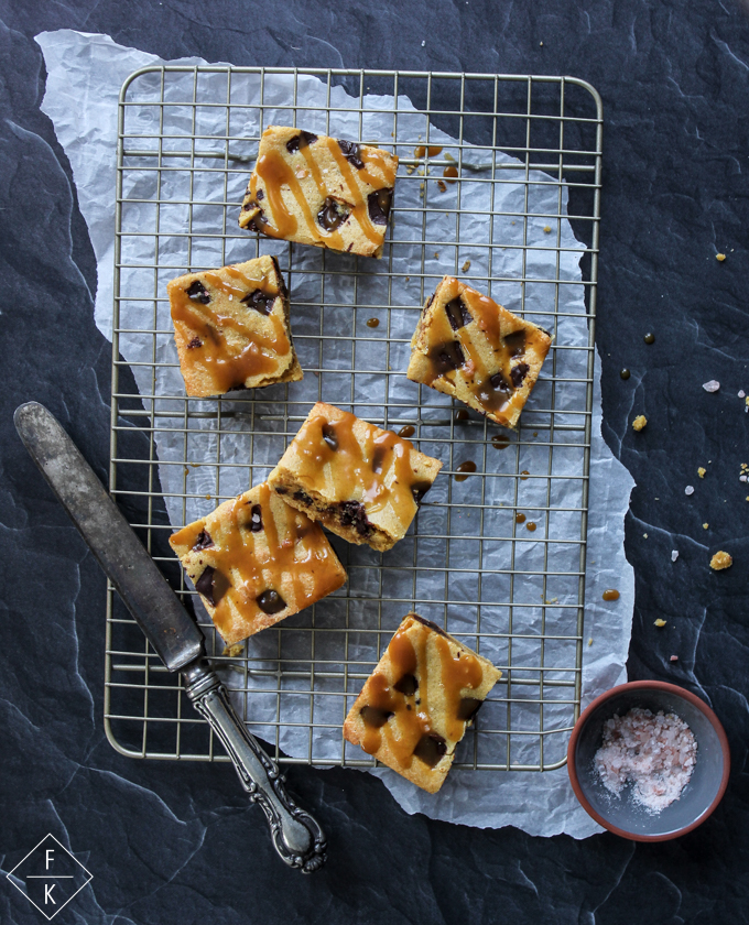 Keto Blondies With Butterscotch Caramel Squares On Wire Rack