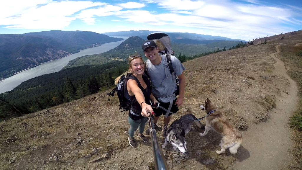 Family and Two Dogs Hiking On a Mountain