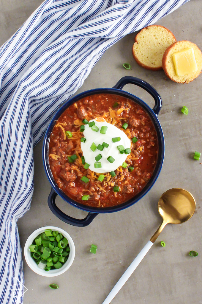Keto Crockpot Chili In A Bowl With Spoon
