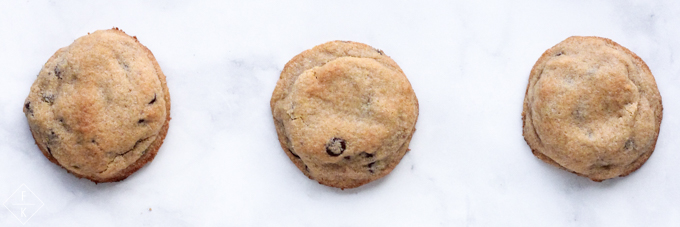 Three Keto Chocolate Chip Cookies on white marble