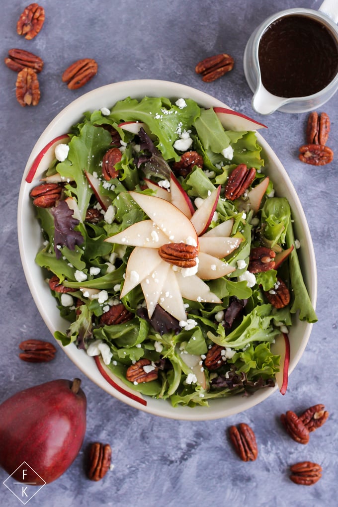 Keto Glazed Pecan Salad With Goat Cheese, Pear, and Maple Balsamic Vinaigrette