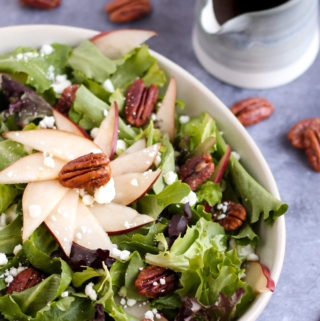 Keto Glazed Pecan Salad With Goat Cheese, Pear, and Maple Balsamic Vinaigrette