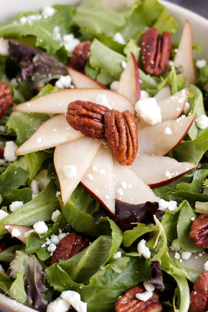 Keto Glazed Pecan Salad With Goat Cheese, Pear, and Maple Balsamic Vinaigrette