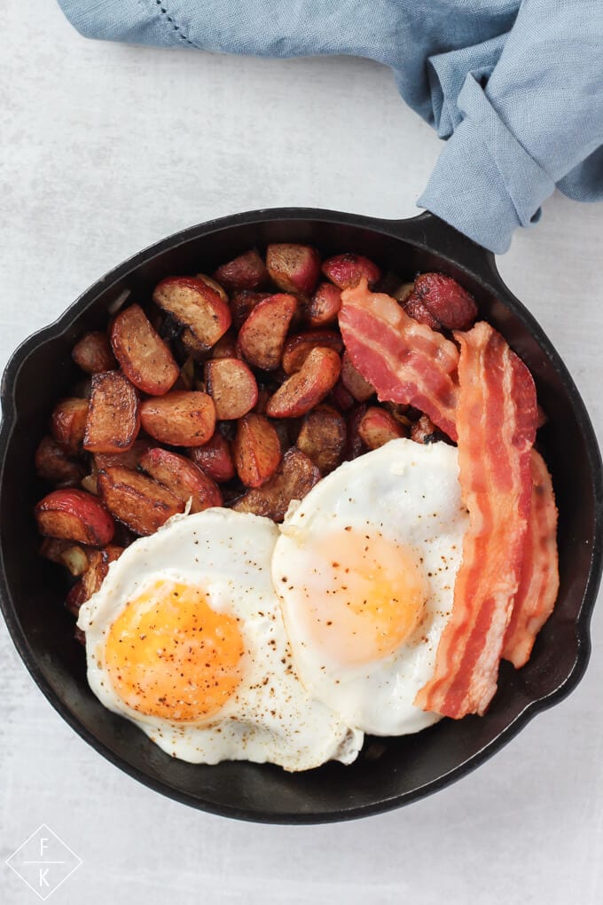 Keto Breakfast 'Potatoes' Radish Fauxtatoes With Eggs And Bacon